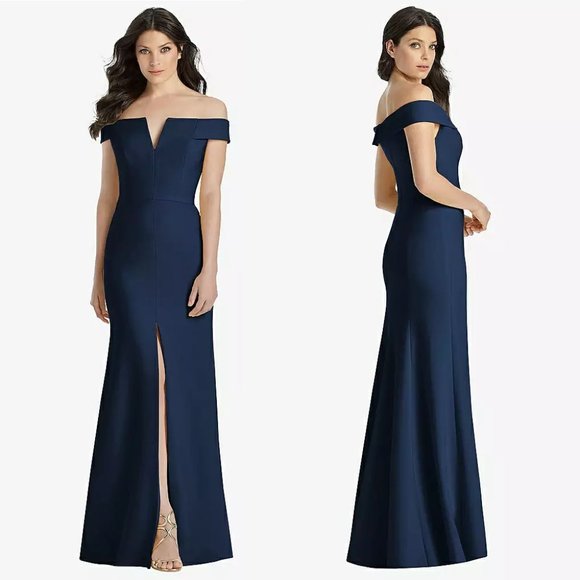Dessy Collection Dresses & Skirts - Dessy Collection Off-the-Shoulder Notch Trumpet Gown w/Front Slit Midnight Navy